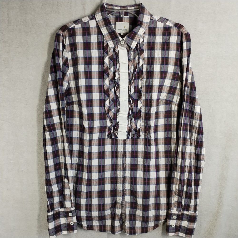 Henry Cottons Women's 42 Medium Shirt Ruffle Front Cotton Stretch‎ Gray Plaid
